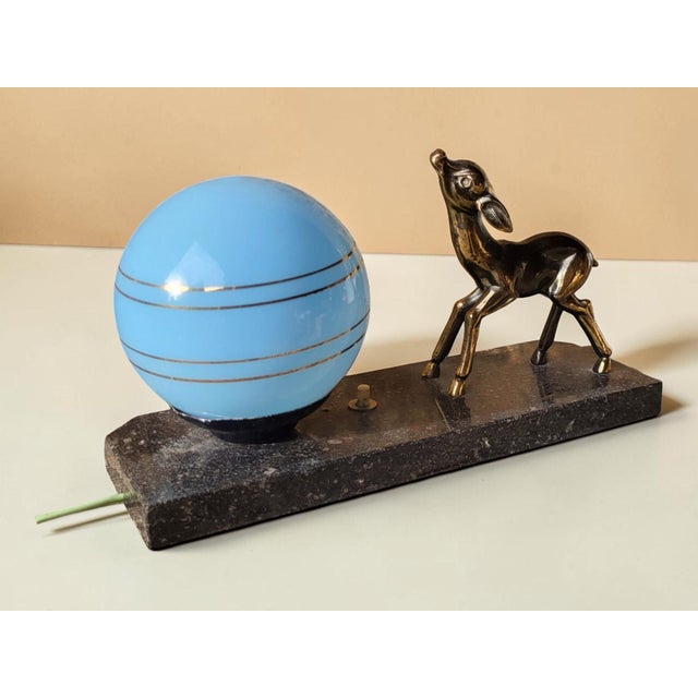 1930s Art Deco Night Light with Fawn Motif, Gilt Spelter and Blue Opaline Globe, France, 1930 For Sale - Image 5 of 8