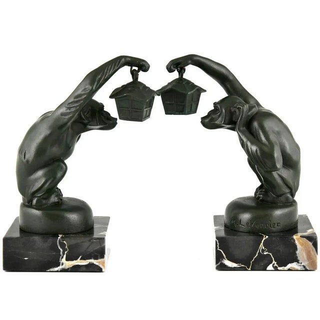 Art Deco Bookends Monkey with Lantern by Max Le Verrier, 1925, Set of 2 For Sale - Image 4 of 13