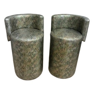 Late 20th Century Chic Faux Green Snakeskin Barrel Bar Stools For Sale
