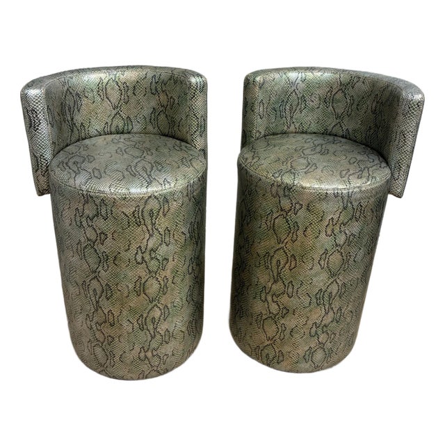 Late 20th Century Chic Faux Green Snakeskin Barrel Bar Stools For Sale