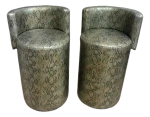 Late 20th Century Chic Faux Green Snakeskin Barrel Bar Stools
