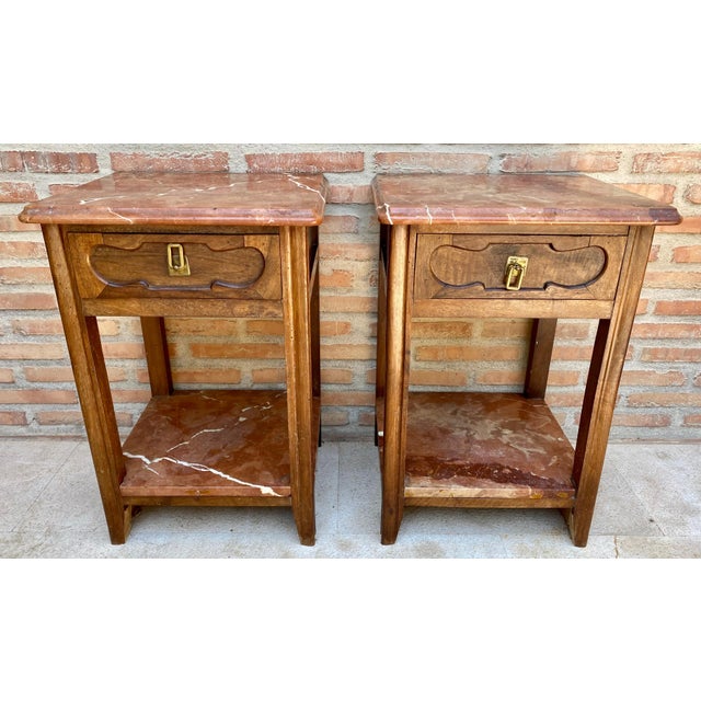Early 20th Century Walnut Nightstands with Marble, 1940s, Set of 2 For Sale - Image 6 of 18
