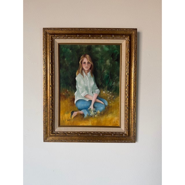 1970s Vintage E. Weight Portrait of a Girl in Landscape Oil on Canvas Painting, Framed For Sale - Image 4 of 12