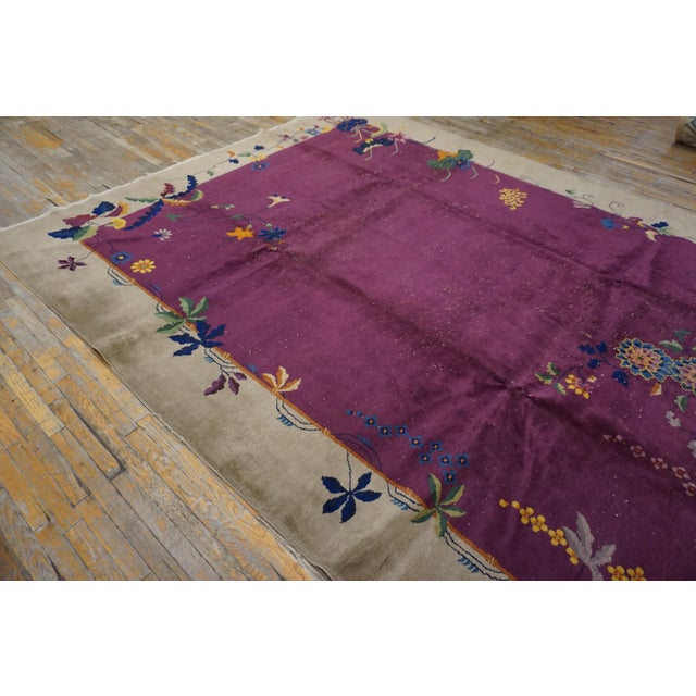 Textile 1920s Purple Flora Modern Antique Chinese Art Deco Rug 9' X 11'8" Handknotted Wool Carpet For Sale - Image 7 of 9