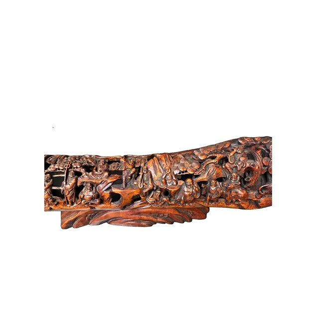 Wood Vintage Bamboo Curved Boat Depicting the 18 Lohan Arhats Art Figure For Sale - Image 7 of 9
