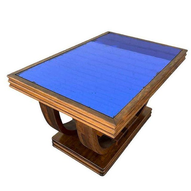 1930s 1930s Streamline Art Deco Double Arch Rosewood Coffee Table W/ Colbalt Blue Glass Top For Sale - Image 5 of 11