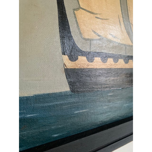 A tonal maritime seascape featuring a black vessel set against a soft gray sky, with layered shades of navy moving through...