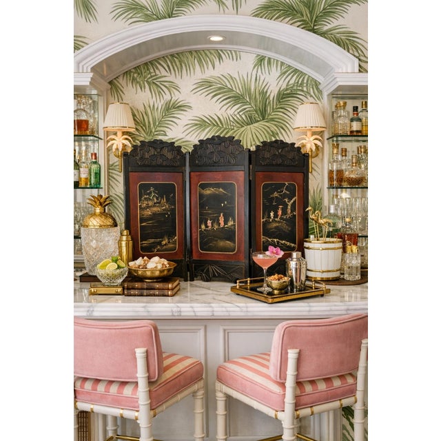 Chinoiserie Vintage Tabletop Ebonized Wood & Inlaid Mother-of-Pearl Chinoiserie Folding Screen for Palm Beach Regency, British Colonial & Traditional Decor For Sale - Image 3 of 12