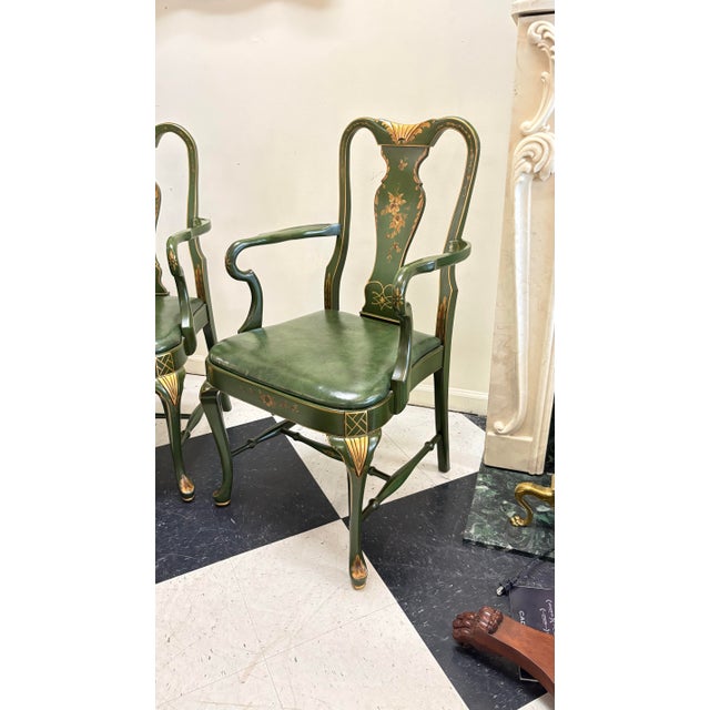 Mid-Century Chinoiserie Green Leather Arm Chairs - Queen Anne Style For Sale In Greensboro - Image 6 of 10