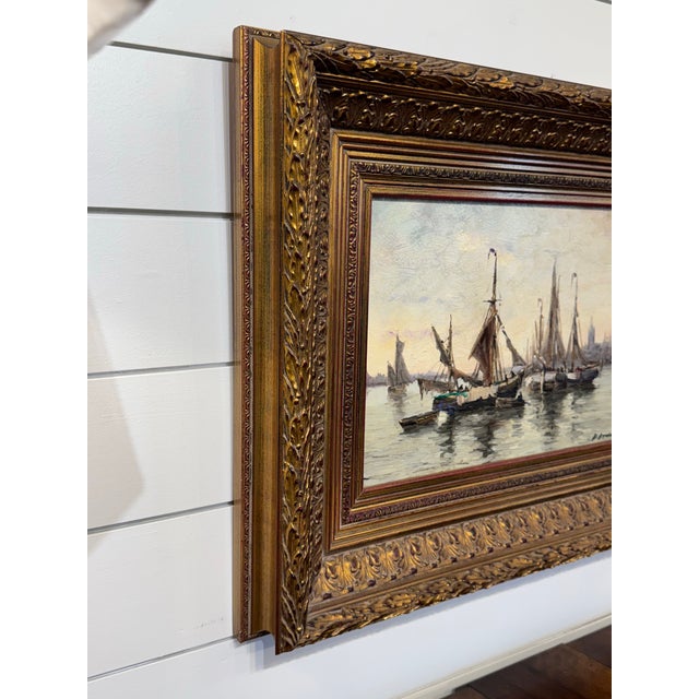 Textile Ship in Harbor Oil Painting For Sale - Image 7 of 9