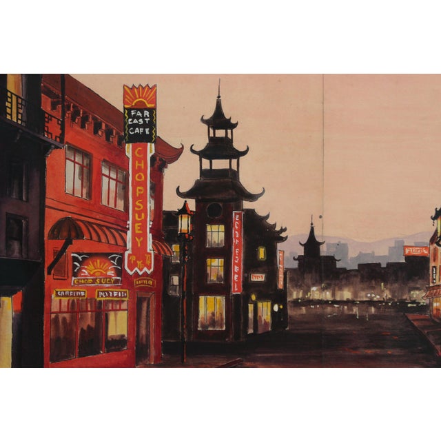 French School Artist, Chinatown in San Francisco at Twilight, 1950s, Ink & Gouache, Framed For Sale - Image 10 of 13