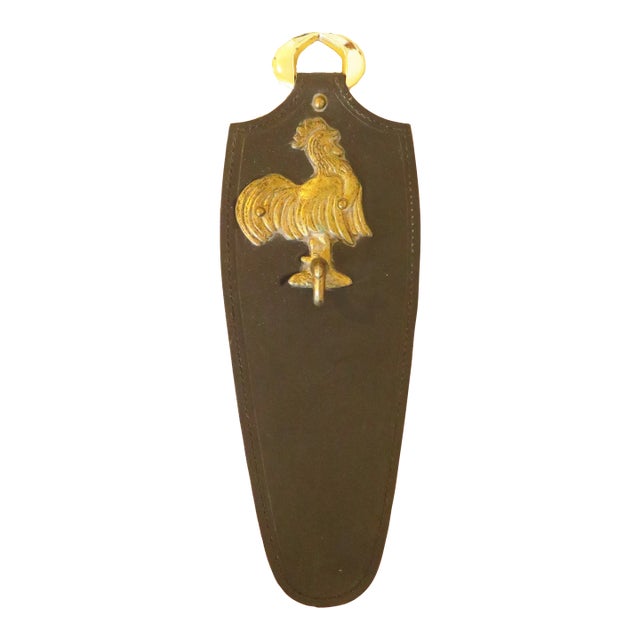 French Rooster / Coq Brass Wall Hook on Leather For Sale