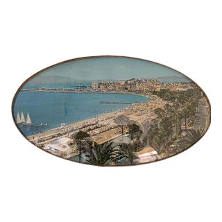 Vintage 1950s Oval Convex Glass Beach France Cannes Picture Frame Cottagecore For Sale