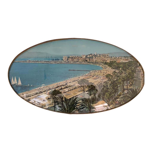 Vintage 1950s Oval Convex Glass Beach France Cannes Picture Frame Cottagecore For Sale
