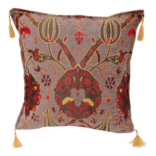 Boho Chic Turkish Tulip Chenille Gray Red Decorative Throw Pillow - a Pair For Sale