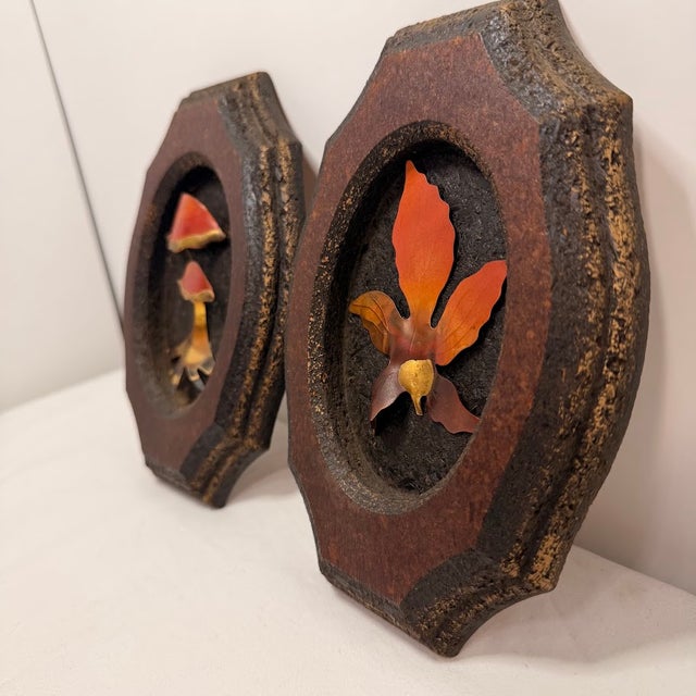 Vintage 3d Mushroom and Leaf Wood Wall Art Plaques Set 2 MCM Nature Metal Decor For Sale - Image 4 of 12