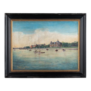 19th Century Oil on Canvas Painting of Harbor Scene by Georg Jensen, Dated 1911 For Sale