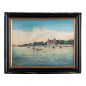 19th Century Oil on Canvas Painting of Harbor Scene by Georg Jensen, Dated 1911
