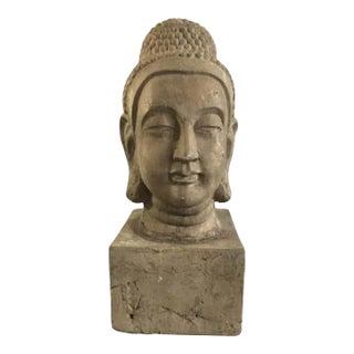 1960s Painted Cast Terracotta Zen Buddha Head Statue with Base For Sale