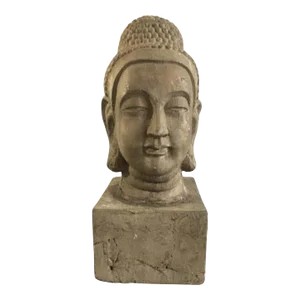 1960s Painted Cast Terracotta Zen Buddha Head Statue with Base
