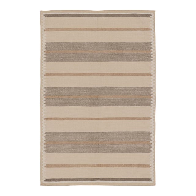 Rug & Kilim’s Contemporary Dhurrie Rug in Brown Geometric Stripes For Sale