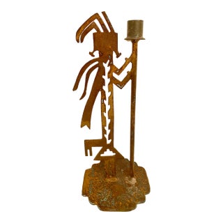 Vintage Native American Tribal Deity Figure Kokopelli Signed Sculptural Patina Metal Candle Holder For Sale