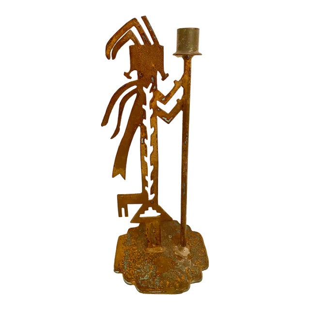 Vintage Native American Tribal Deity Figure Kokopelli Signed Sculptural Patina Metal Candle Holder For Sale