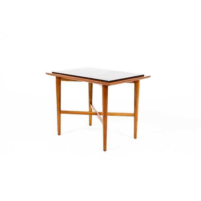 Mid Century Vintage Side / End Tables — Designed attributed to Milo Baughman - Manufactured by Fine Art Furniture Co— Cherry Frame + Slate — Pair For Sale In Los Angeles - Image 6 of 10