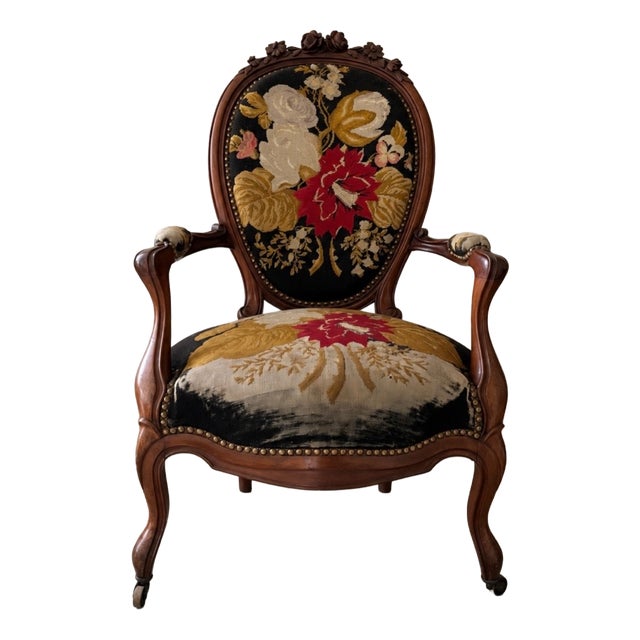 Louis XV Armchair with Floral Tapestry For Sale