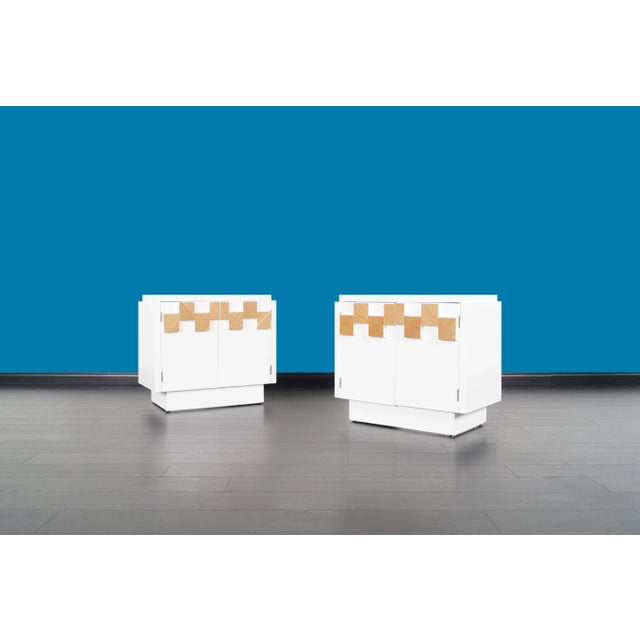 Stunning pair of vintage Brutalist mosaic nightstands manufactured by Lane in the United States. Each table comes with two...