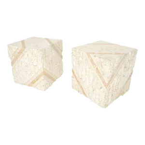 Cube Shape Tessellated Polished Marble End Tables Night Stands - A Pair