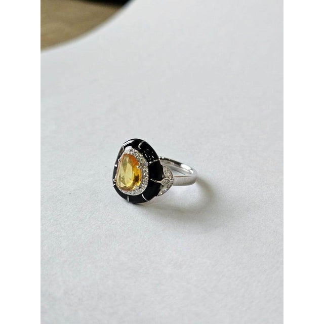 2020s Set in 18k Gold, Ceylon Yellow Sapphire, Black Enamel & Diamonds Engagement Ring, Us Size 6 For Sale - Image 5 of 12