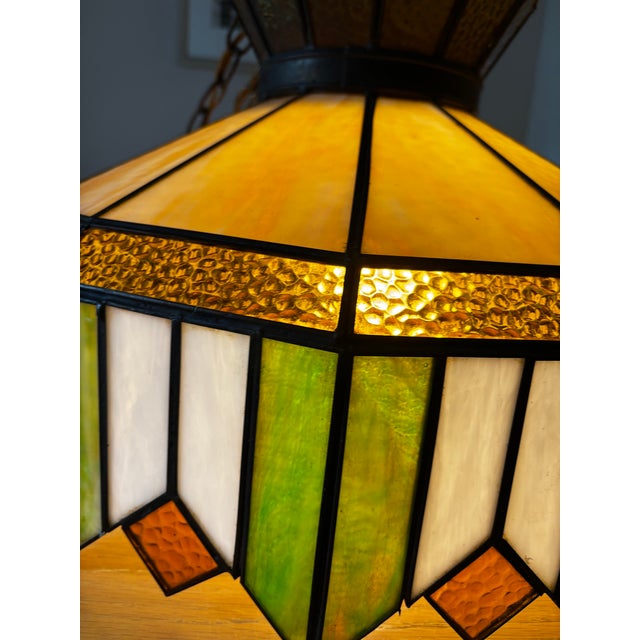 Vintage Glass Swag Light-Amber, Green, Ivory With Metal Trim For Sale - Image 4 of 5