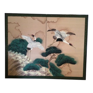 Vintage Hand Painted Screen With Cranes and Ribbon Border For Sale