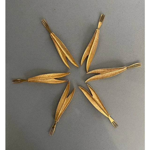 Vintage 24Kt Gold-Plated Cocktail Forks With Leaf Handles- Set of 6 For Sale In Austin - Image 6 of 10