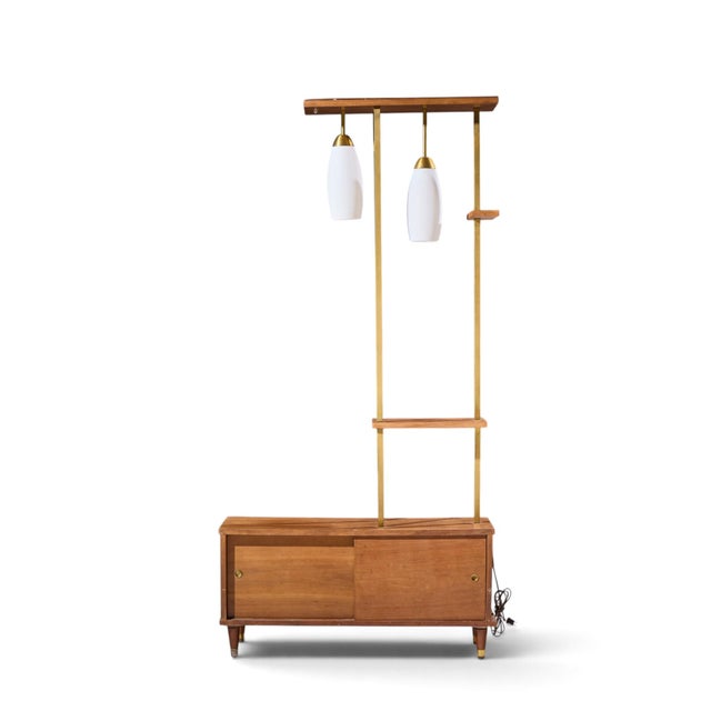 Mid Century Walnut and Brass Wall Unit Room Divider This room divider measures: 36.5 wide x 12 deep x 72 inches high Good...