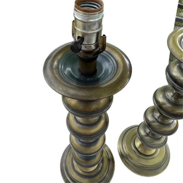 Mid Century Modern Brass Tone Stacked Cylinder Table Lamp- A Pair For Sale - Image 4 of 12