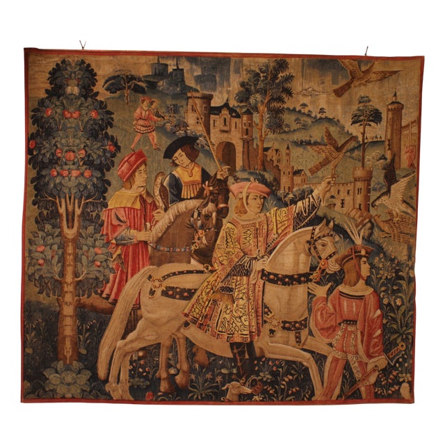 Stencil Tapestry with Gothic Falconry Scene, 19th Century For Sale