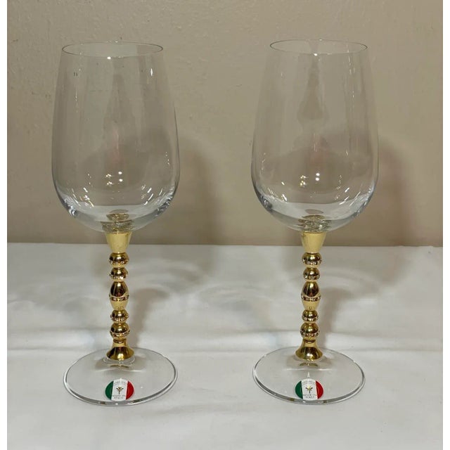 Handmade in Italy Pair of Large Crystal Elegant Wine Goblets Gold Plated Stems Inset with Faceted CZ Gems. The glasses...