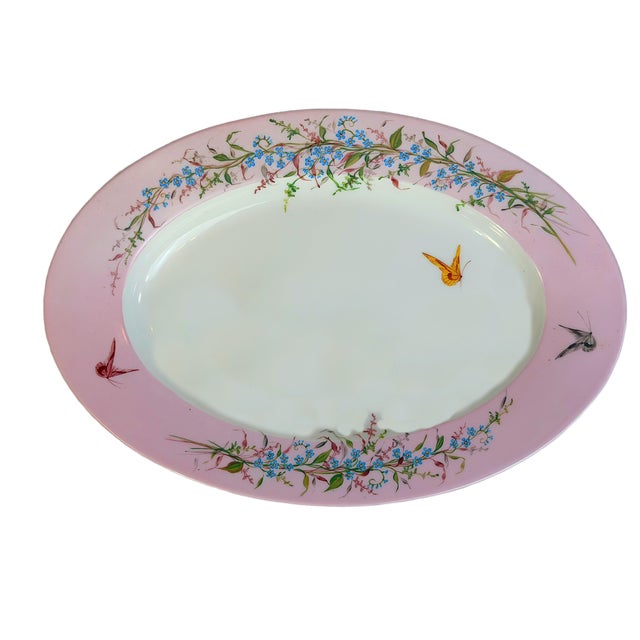 Antique French Large Floral & Butterfly Pink Limoges Porcelain Oval Platter For Sale In Houston - Image 6 of 6