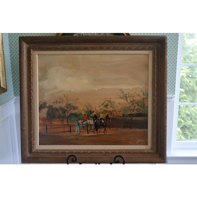 Off-white Circa 1967 Charles Apt Thoroughbred Paddock Oil Painting—Gallery Framed For Sale - Image 8 of 16