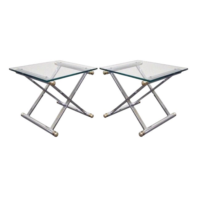 Mid Century Modern Hollywood Regency Chrome Brass Glass X Form Side Table - Pair For Sale