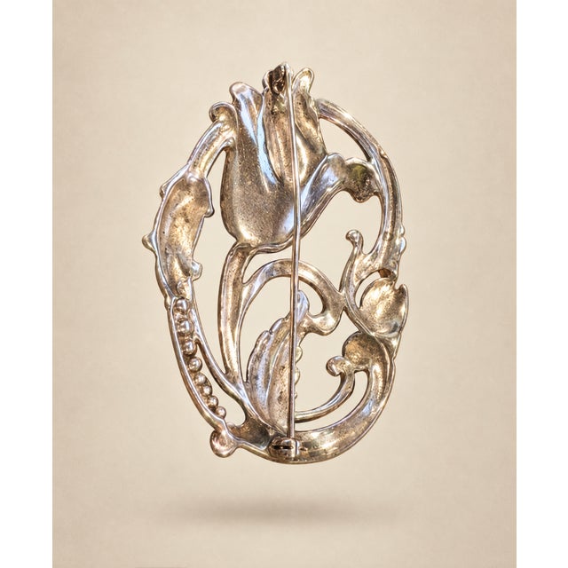 Vintage Floral Tulip Art Nouveau Brooch Stamped Sterling Pin arm has a little wave to it but closes securely. Patina to...