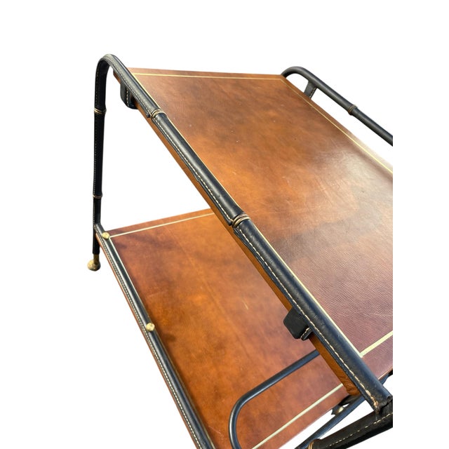 Vintage Stitched Leather Bar Cart by Jacques Adnet, 1950s For Sale - Image 10 of 13
