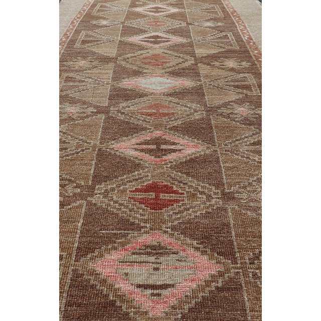 Hand Knotted Colorful Turkish Kars With Tribal Designs and Geometric Motifs 4'4 X 9'9 Vintage Turkish in brown background...