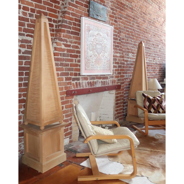Wood Pair of 75 Inch Wooden Obelisks on Plinth Bases, Architectural Floor Sculptures For Sale - Image 7 of 8