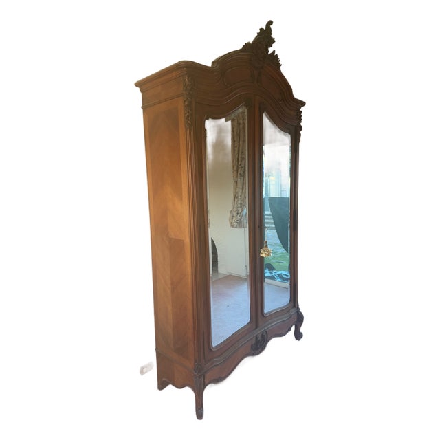 Late 19th Century French Louis XV Style Armoire / Wardrobe With Mirror Doors – Carved Wood For Sale