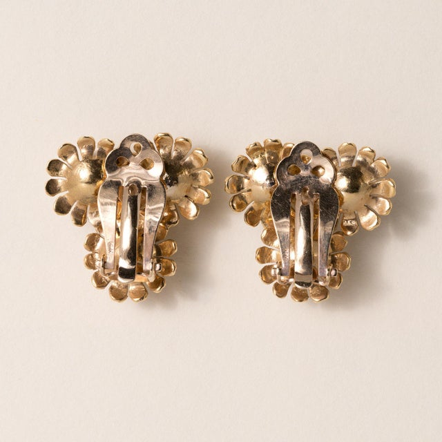 Vintage 14k Gold Black, White Pearl and Diamond Floral French Clip Earrings, A Pair For Sale - Image 4 of 4