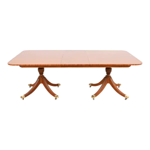 Baker Furniture Georgian Cherry and Satinwood Double Pedestal Extension Dining Table, Newly Refinished