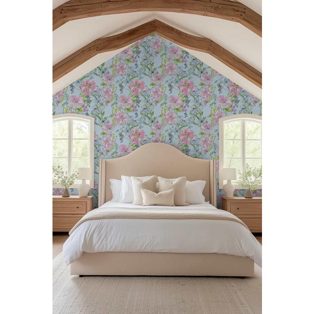 Painter's Garden Blue Floral Grasscloth Wallpaper by House Party | 8 Yards For Sale In Charlotte - Image 6 of 8